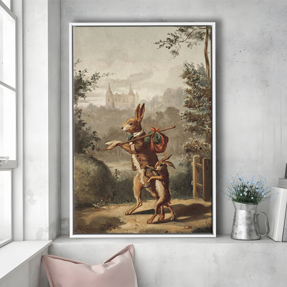 Vintage Rabbit Painting Easter Nursery Framed Canvas Print Wall Art, 20th Century Art Paintings