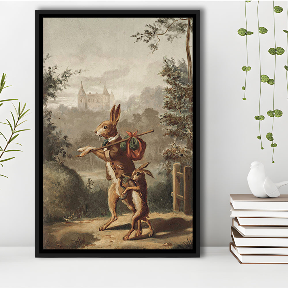 Vintage Rabbit Painting Easter Nursery Framed Canvas Print Wall Art, 20th Century Art Paintings