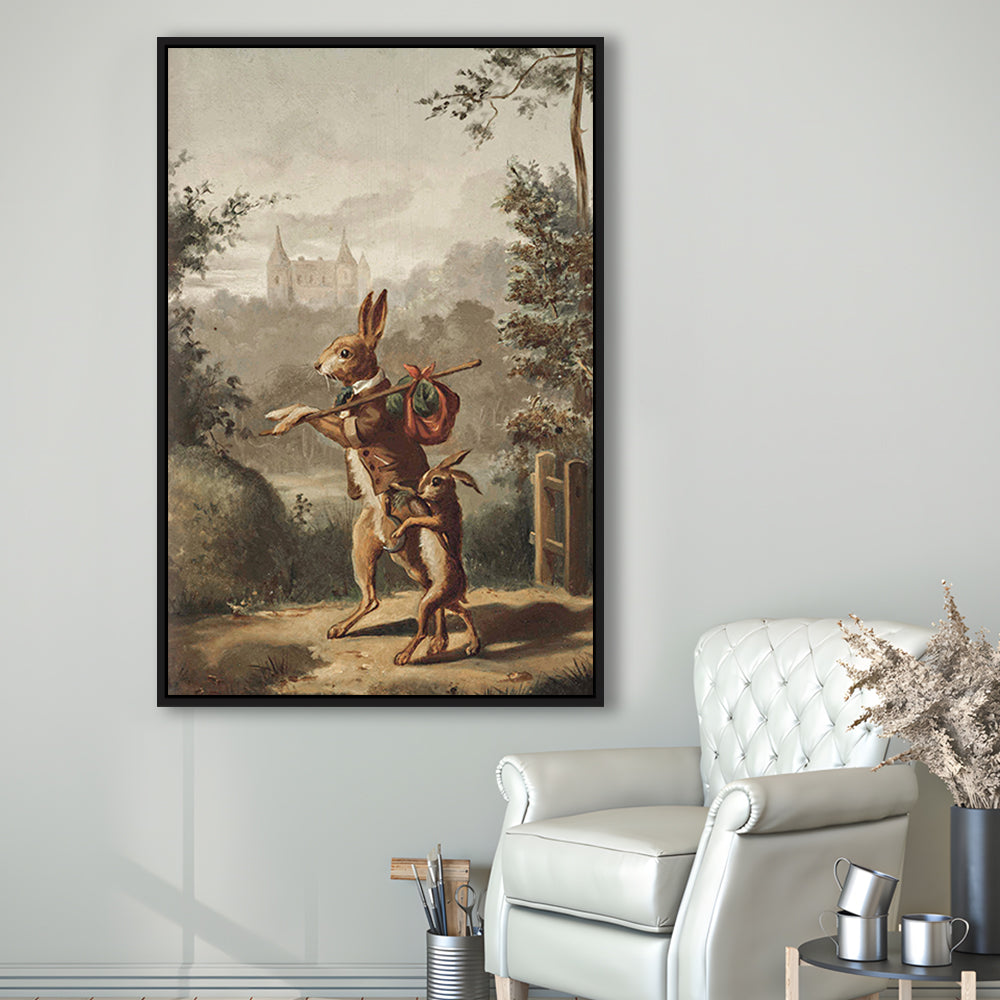 Vintage Rabbit Painting Easter Nursery Framed Canvas Print Wall Art, 20th Century Art Paintings