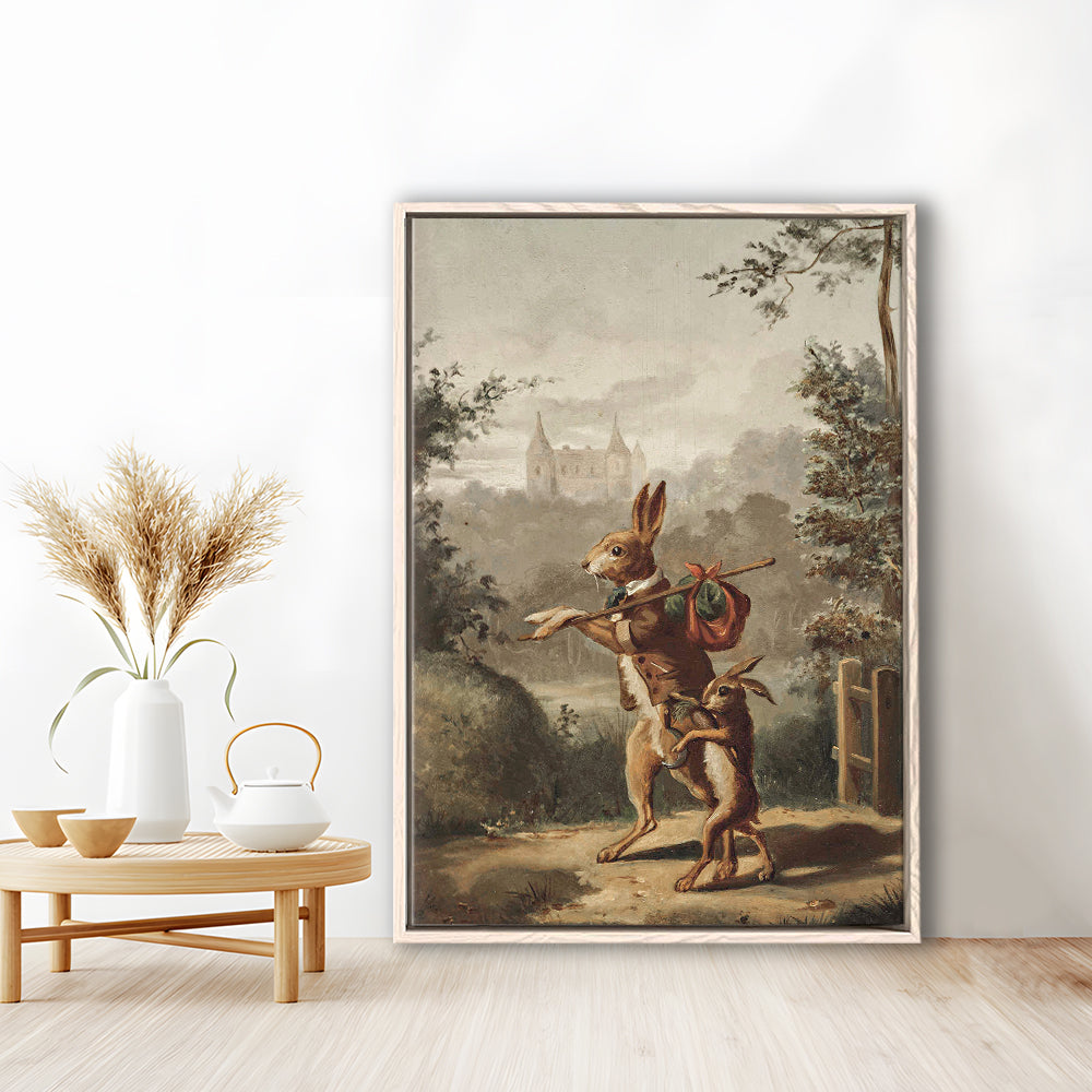 Vintage Rabbit Painting Easter Nursery Framed Canvas Print Wall Art, 20th Century Art Paintings
