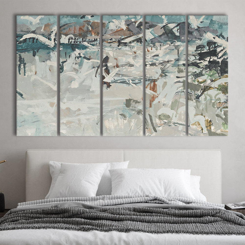 Vintage Seascape Abstract 5 Panels Canvas Print Wall Art, Large Coastal 5 Panels Canvas Print Wall Art, Gallery Wall