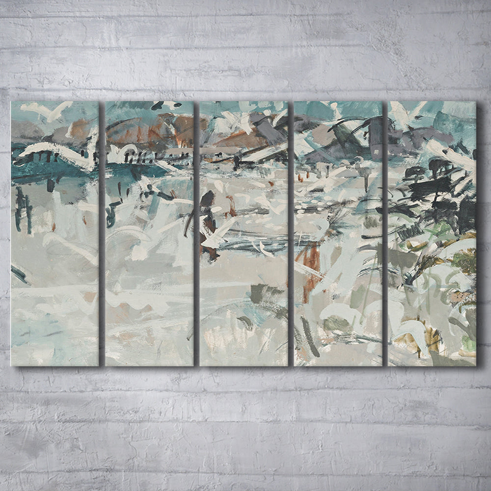 Vintage Seascape Abstract 5 Panels Canvas Print Wall Art, Large Coastal 5 Panels Canvas Print Wall Art, Gallery Wall