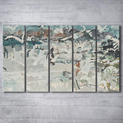 Vintage Seascape Abstract 5 Panels Canvas Print Wall Art, Large Coastal 5 Panels Canvas Print Wall Art, Gallery Wall