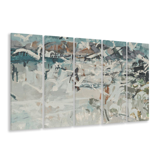 Vintage Seascape Abstract 5 Panels Canvas Print Wall Art, Large Coastal 5 Panels Canvas Print Wall Art, Gallery Wall