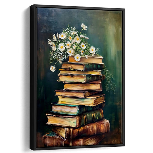 Vintage Stack of Books Oil Painting Flowers Spring Decor Academia, Framed Canvas Print Wall Art, Floating Frame