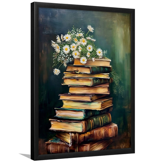 Vintage Stack of Books Oil Painting Flowers Spring Decor Academia, Framed Art Print Wall Decor, Picture Framed