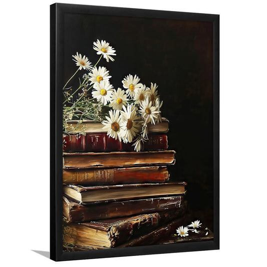 Vintage Stack of Books Oil Painting Vintage Print,Flowers,Spring Decor, Framed Art Print Wall Decor, Picture Framed