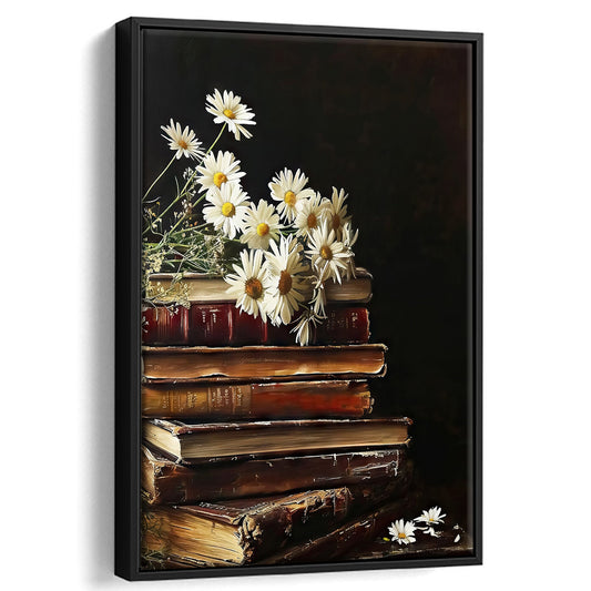Vintage Stack of Books Oil Painting Vintage Print,Flowers,Spring Decor, Framed Canvas Print Wall Art, Floating Frame