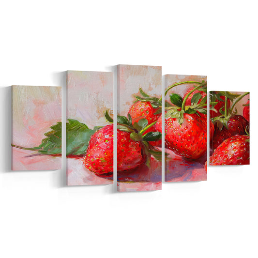 Vintage Strawberries Art Print Valentine's Day Decor Country Kitchen Decor, 5 Panel Mixed Canvas Print Wall Art, Large Canvas