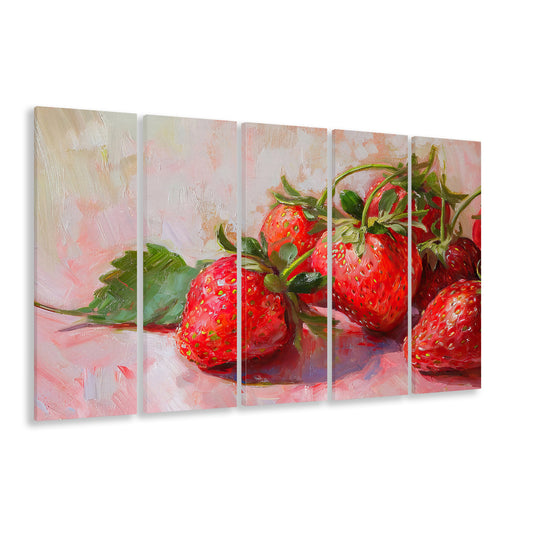 Vintage Strawberries Art Print Valentine's Day, Country Kitchen Decor, 5 Panel B Canvas Print Wall Art, Extra Large Canvas