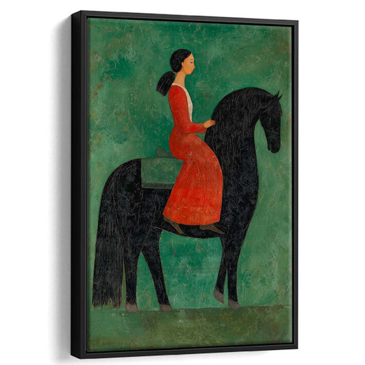 Vintage Style Abstract Horse Art, Olive Green Textured Oil Painting For Living Room, Framed Canvas Print, Floating Frame