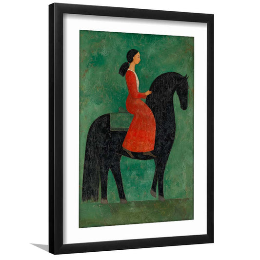 Vintage Style Abstract Horse Art, Olive Green Textured Oil Painting For Living Room, Framed Art Print, White Border