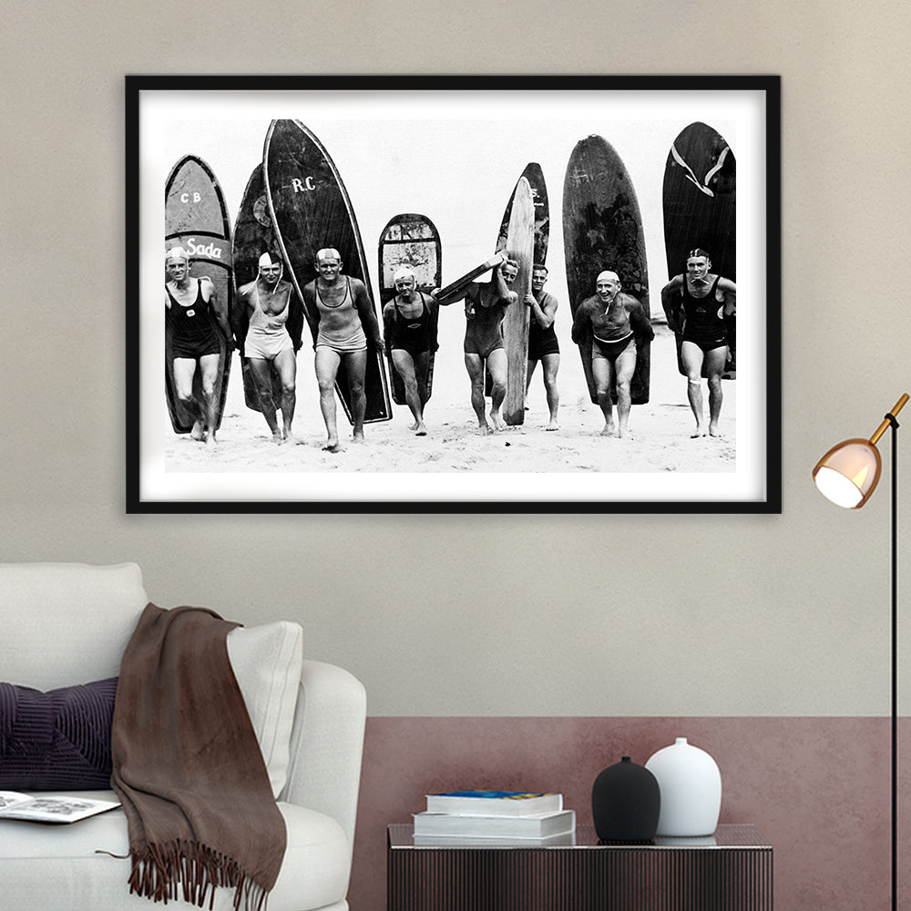 Vintage Surf, Black and White, Surfboard Wall Art, Summer Surfer Print, Framed Art Print White Border Wall Decor
