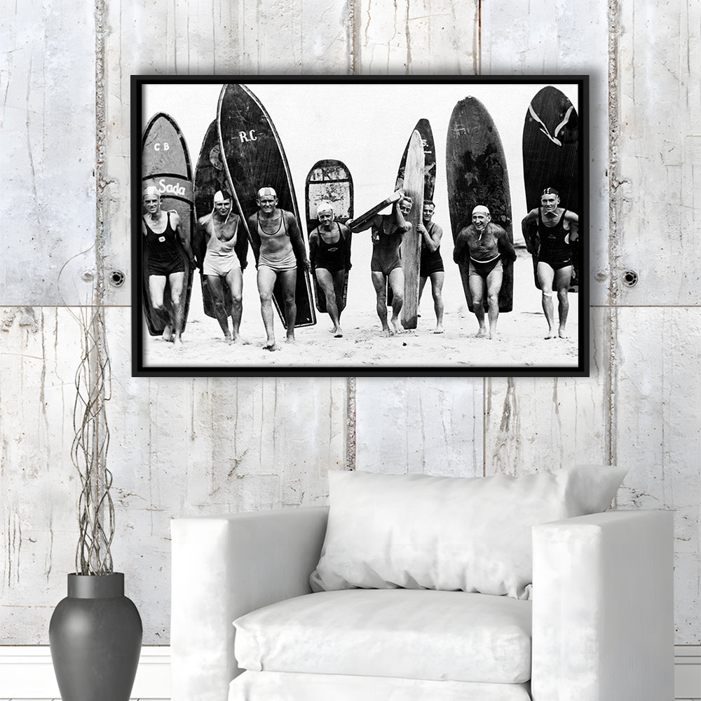Vintage Surf, Black and White, Surfboard Wall Art, Summer Surfer Print, Floating Framed Canvas Print