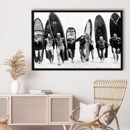 Vintage Surf, Black and White, Surfboard Wall Art, Summer Surfer Print, Floating Framed Canvas Print