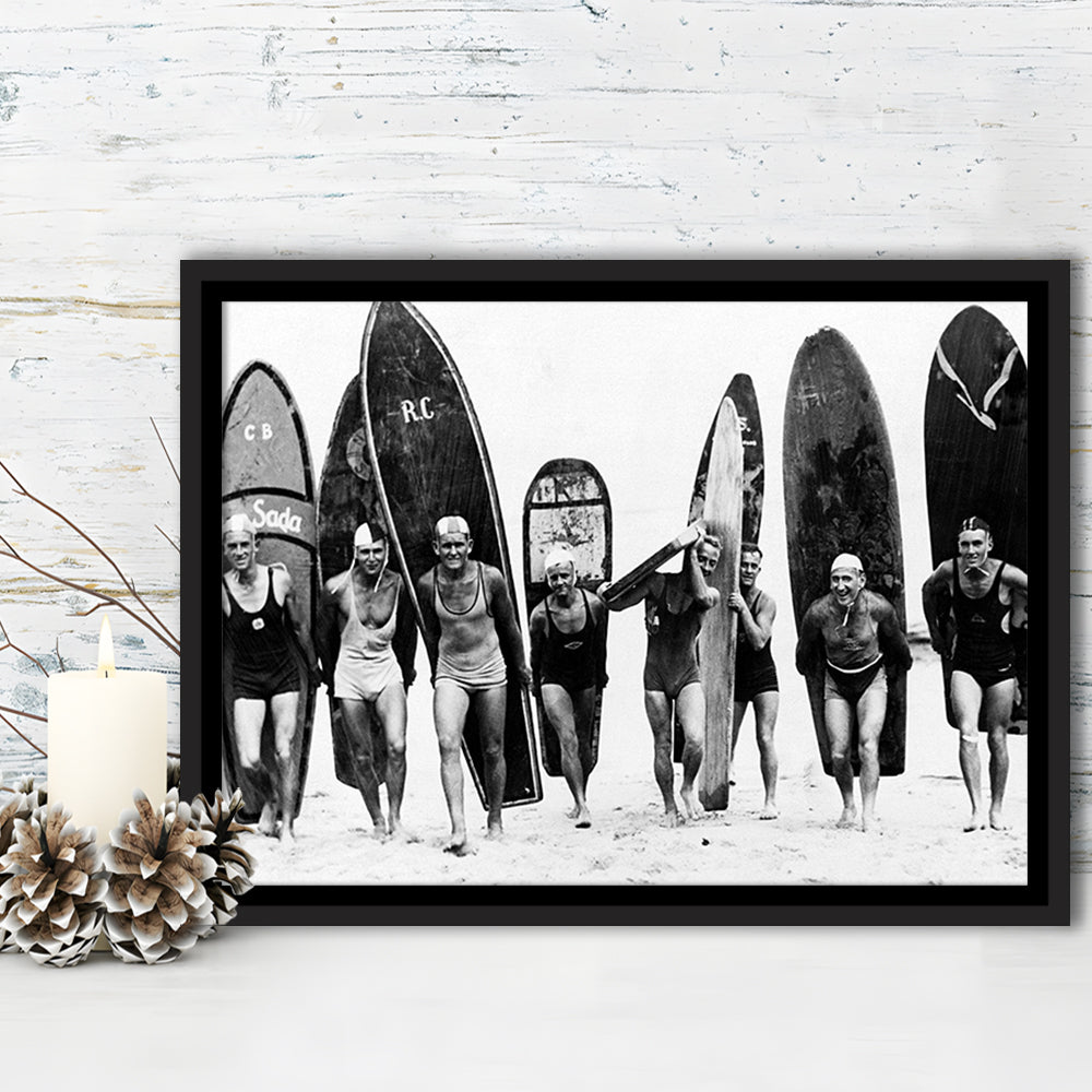 Vintage Surf, Black and White, Surfboard Wall Art, Summer Surfer Print, Floating Framed Canvas Print