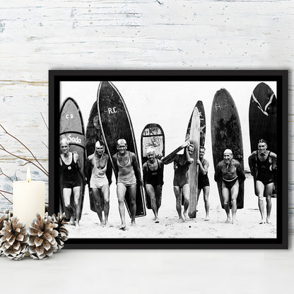 Vintage Surf, Black and White, Surfboard Wall Art, Summer Surfer Print, Floating Framed Canvas Print