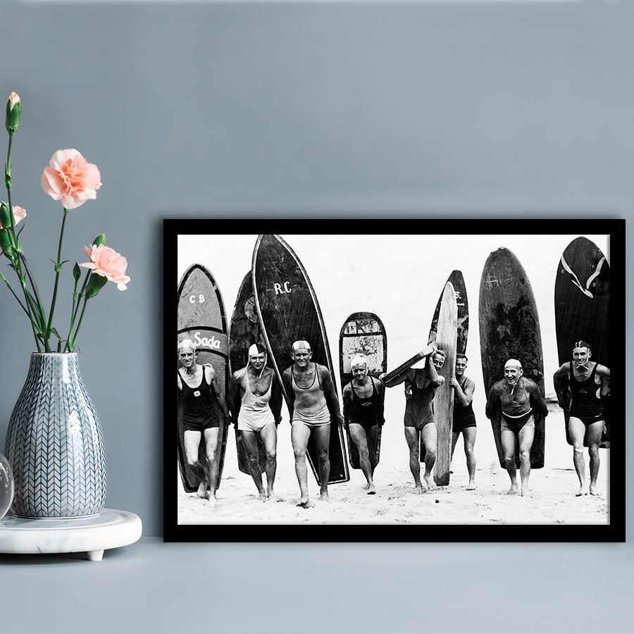 Vintage Surf, Black and White, Surfboard Wall Art, Summer Surfer Print, Framed Art Print Wall Decor