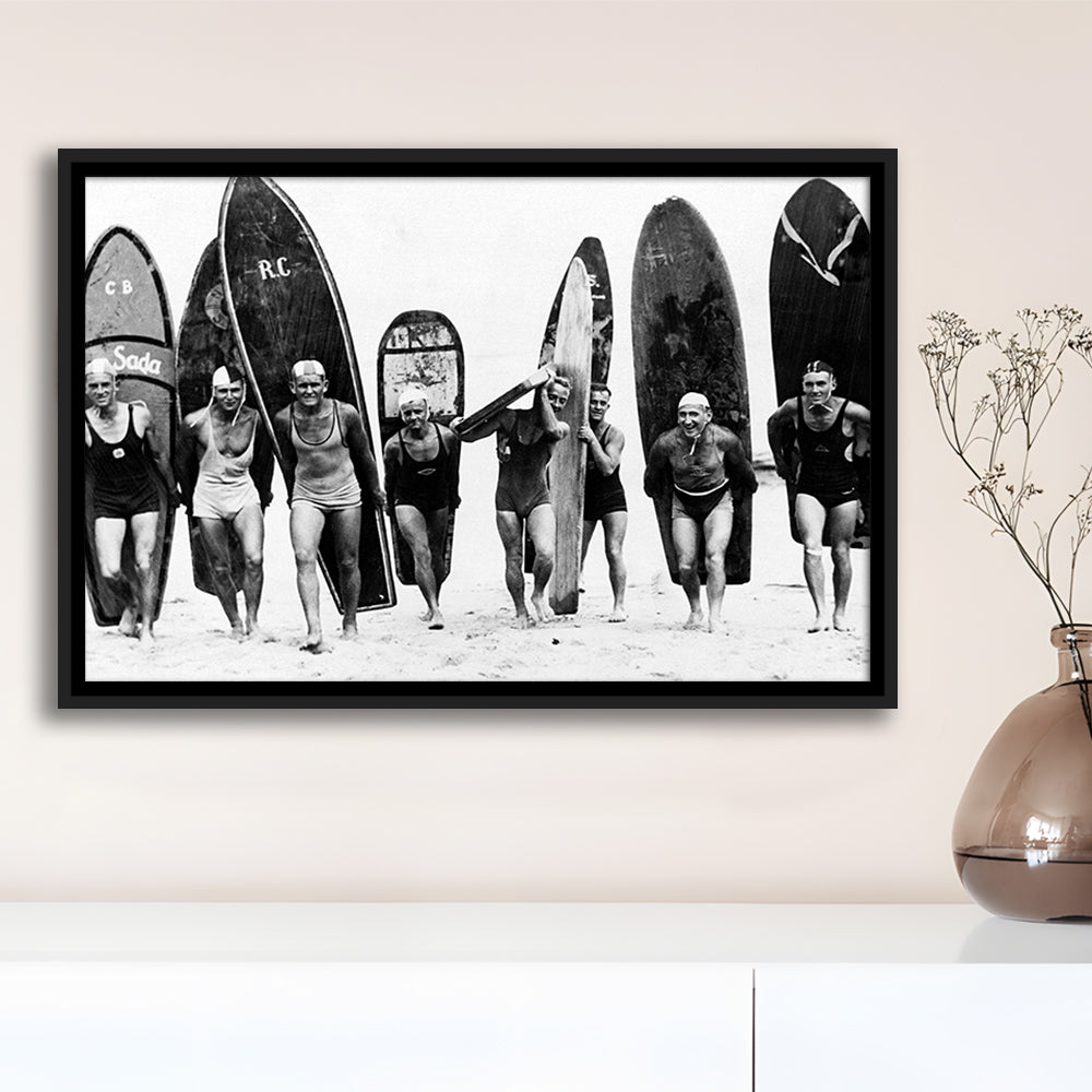 Vintage Surf, Black and White, Surfboard Wall Art, Summer Surfer Print, Floating Framed Canvas Print