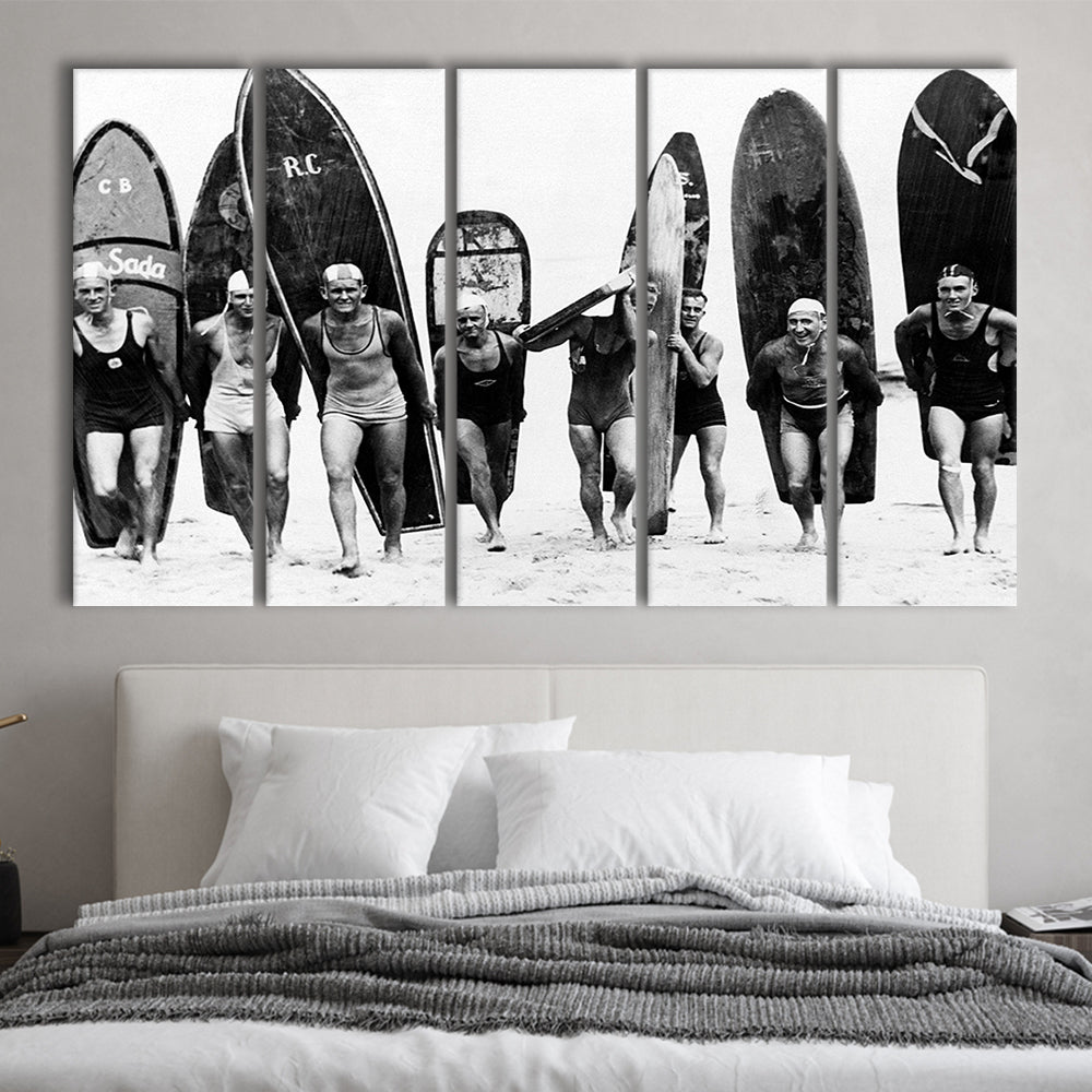 Vintage Surf, Black and White, Surfboard Wall Art, Summer Surfer Print, 5 Pieces Large Canvas Print