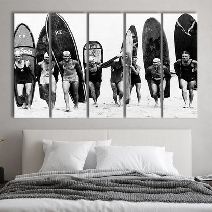 Vintage Surf, Black and White, Surfboard Wall Art, Summer Surfer Print, 5 Pieces Large Canvas Print