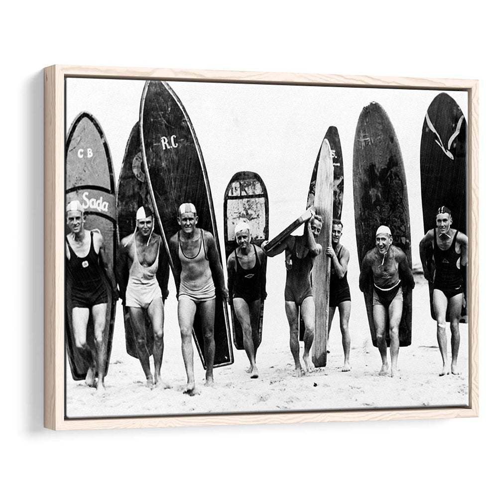 Vintage Surf, Black and White, Surfboard Wall Art, Summer Surfer Print, Floating Framed Canvas Print