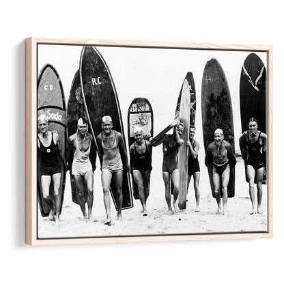 Vintage Surf, Black and White, Surfboard Wall Art, Summer Surfer Print, Floating Framed Canvas Print