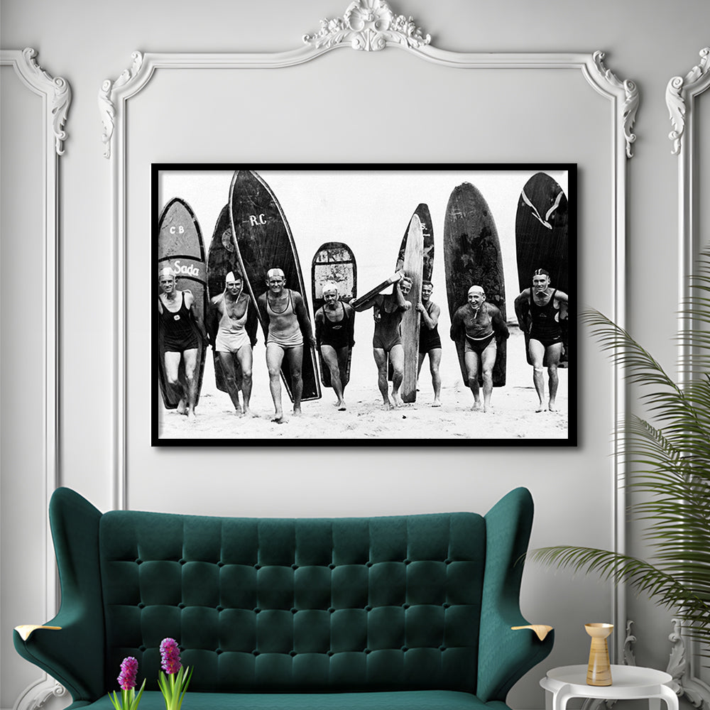 Vintage Surf, Black and White, Surfboard Wall Art, Summer Surfer Print, Framed Art Print Wall Decor