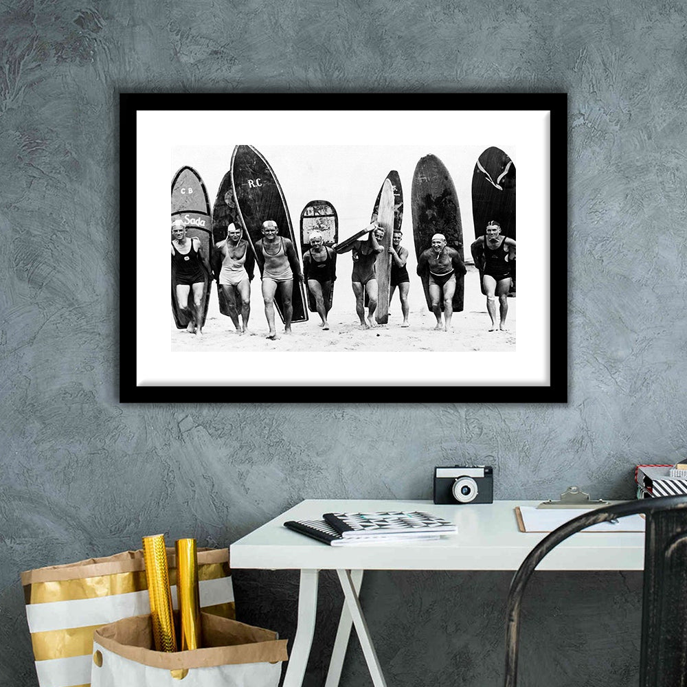 Vintage Surf, Black and White, Surfboard Wall Art, Summer Surfer Print, Framed Art Print White Border Wall Decor