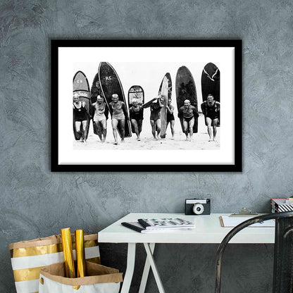 Vintage Surf, Black and White, Surfboard Wall Art, Summer Surfer Print, Framed Art Print White Border Wall Decor