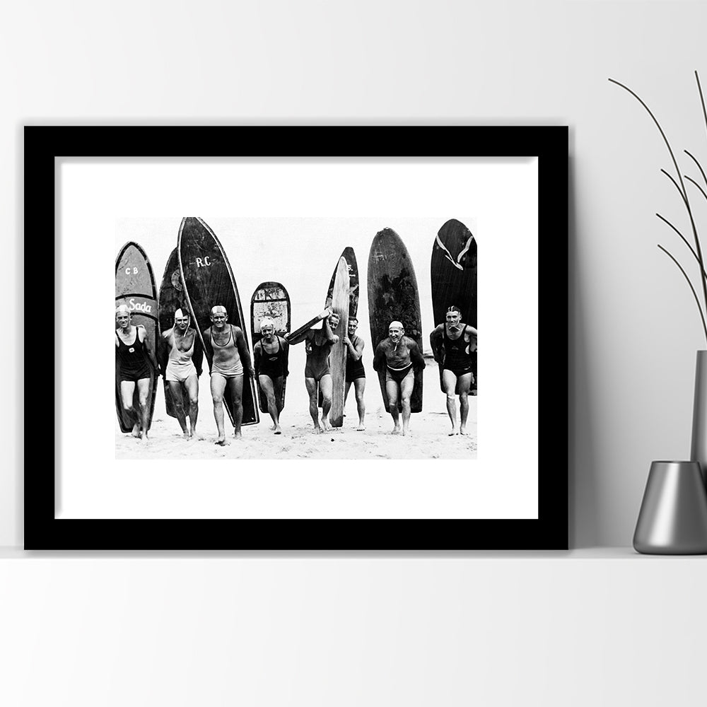 Vintage Surf, Black and White, Surfboard Wall Art, Summer Surfer Print, Framed Art Print White Border Wall Decor