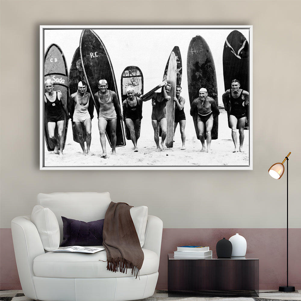 Vintage Surf, Black and White, Surfboard Wall Art, Summer Surfer Print, Floating Framed Canvas Print
