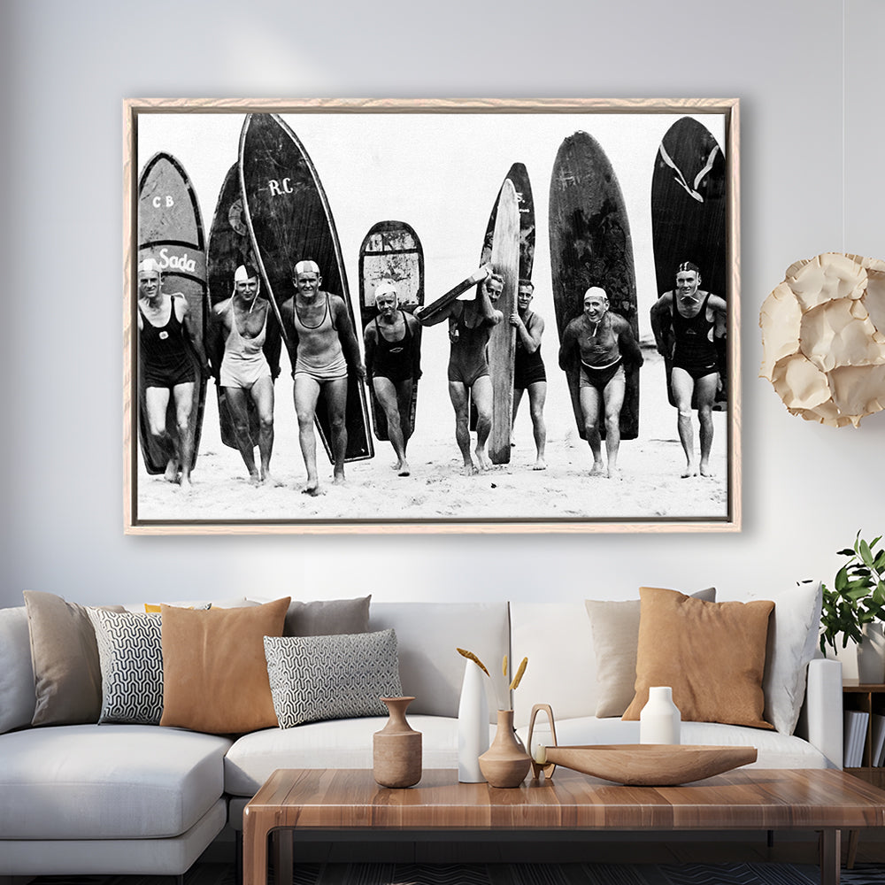 Vintage Surf, Black and White, Surfboard Wall Art, Summer Surfer Print, Floating Framed Canvas Print
