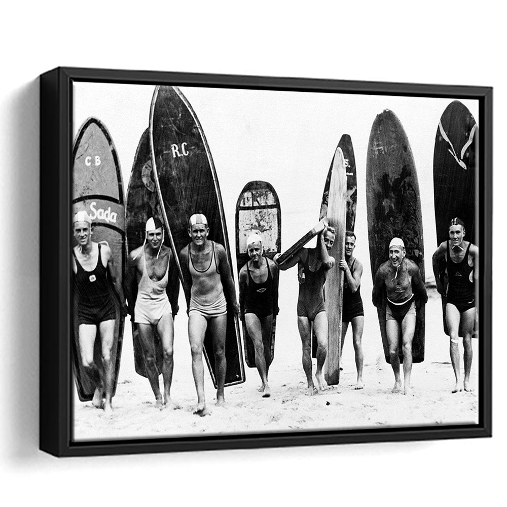 Vintage Surf, Black and White, Surfboard Wall Art, Summer Surfer Print, Floating Framed Canvas Print