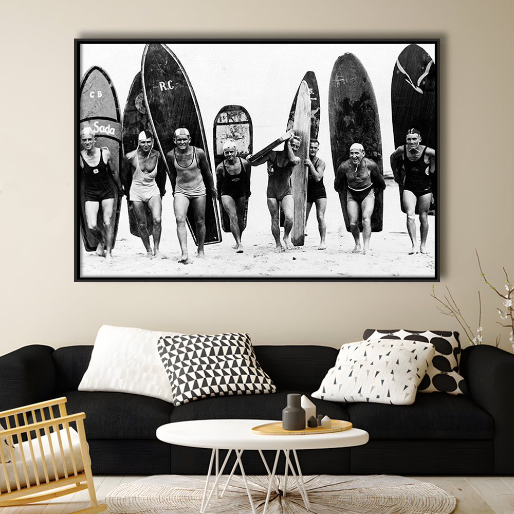 Vintage Surf, Black and White, Surfboard Wall Art, Summer Surfer Print, Floating Framed Canvas Print