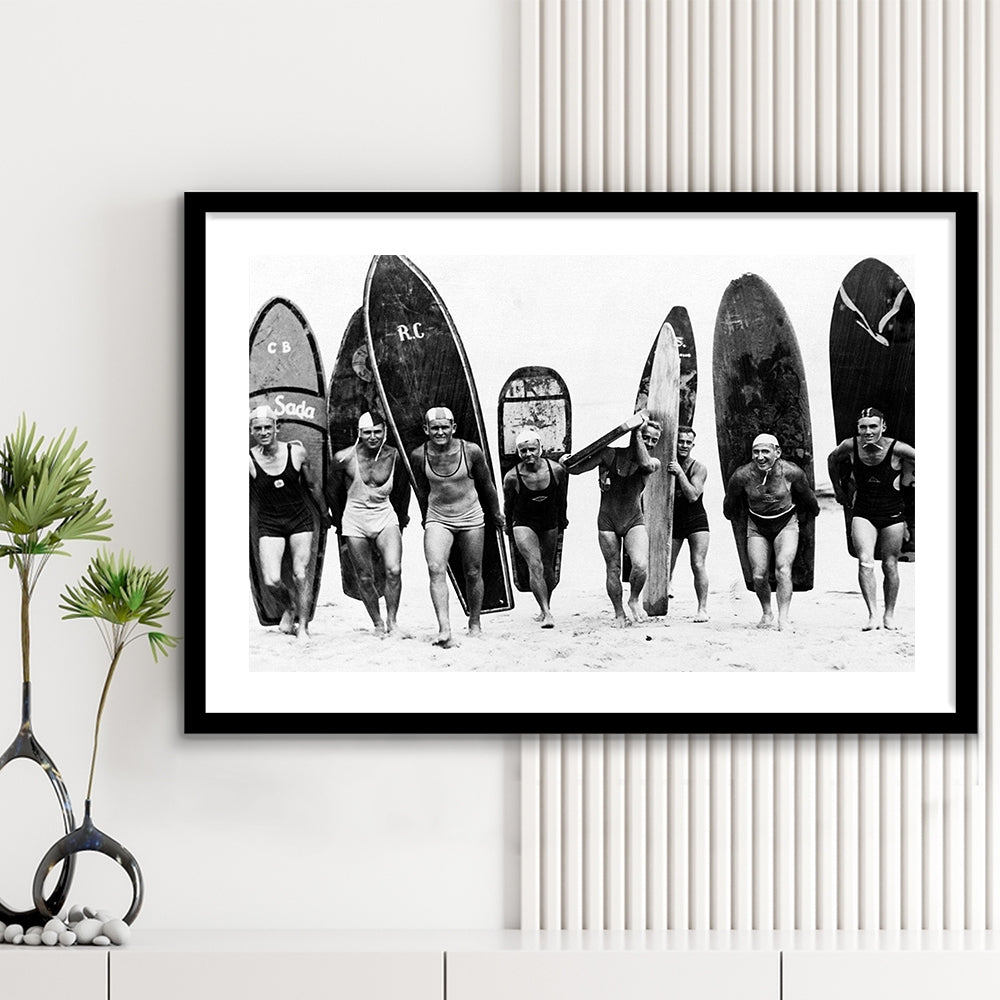 Vintage Surf, Black and White, Surfboard Wall Art, Summer Surfer Print, Framed Art Print White Border Wall Decor