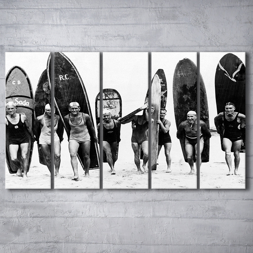 Vintage Surf, Black and White, Surfboard Wall Art, Summer Surfer Print, 5 Pieces Large Canvas Print