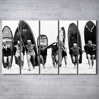 Vintage Surf, Black and White, Surfboard Wall Art, Summer Surfer Print, 5 Pieces Large Canvas Print