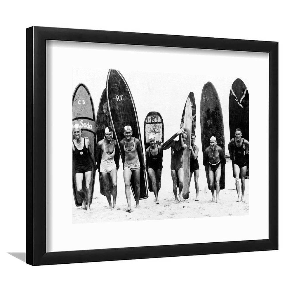 Vintage Surf, Black and White, Surfboard Wall Art, Summer Surfer Print, Framed Art Print White Border Wall Decor