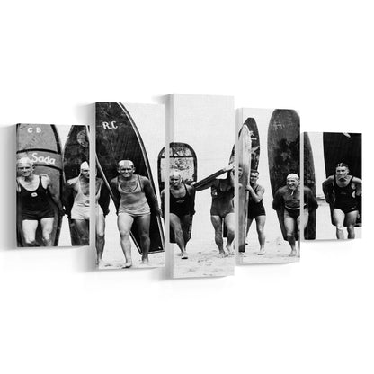 Vintage Surf, Black and White, Surfboard Wall Art, Summer Surfer Print, Mixed 5 Pieces Canvas Print