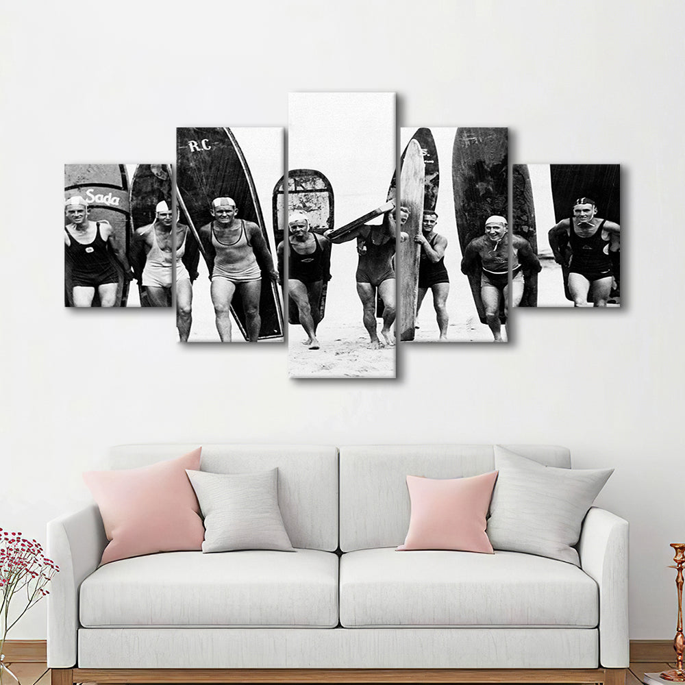 Vintage Surf, Black and White, Surfboard Wall Art, Summer Surfer Print, Mixed 5 Pieces Canvas Print