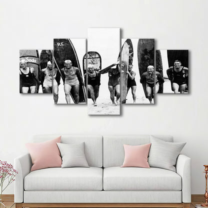 Vintage Surf, Black and White, Surfboard Wall Art, Summer Surfer Print, Mixed 5 Pieces Canvas Print
