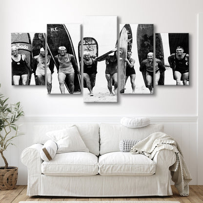 Vintage Surf, Black and White, Surfboard Wall Art, Summer Surfer Print, Mixed 5 Pieces Canvas Print