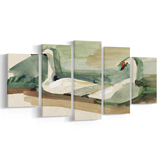 Vintage Swan Print Mixed Canvas Print Wall Art, Swan Art Wall Decor, Ready to hang