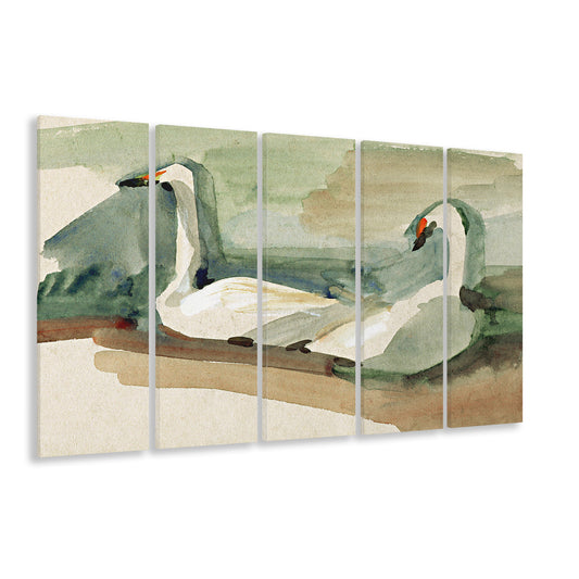 Vintage Swan Print 5 Panels Canvas Print Wall Art, Swan Art Wall Decor, Ready to hang, Extra Large Canvas Print