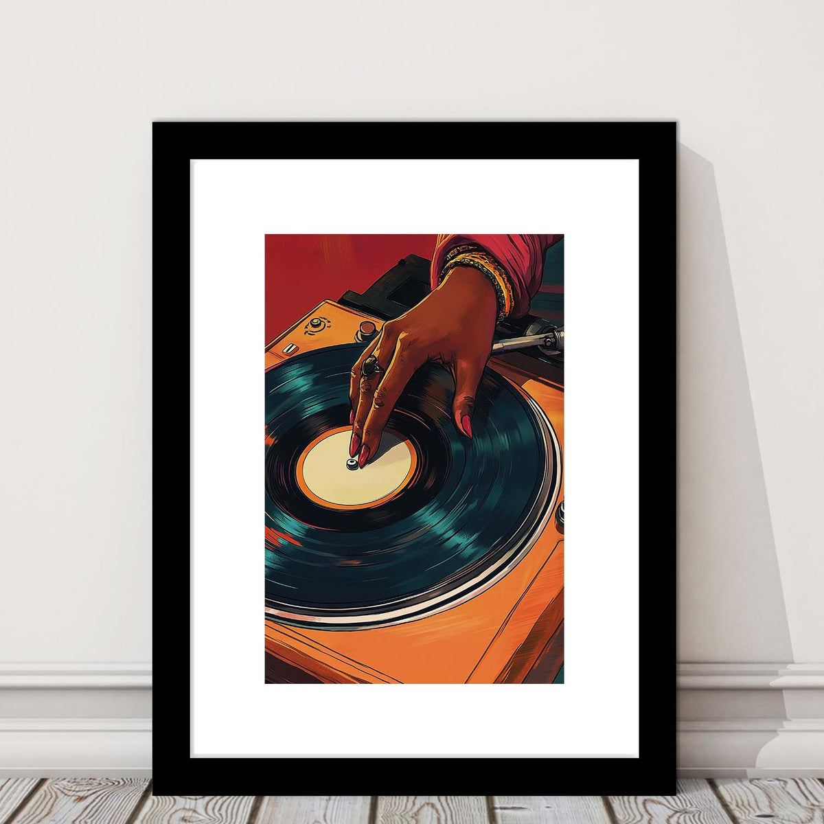 Vintage Turntable Art, Black Woman Art, African American Music Wall Art, Framed Art Print, White Border