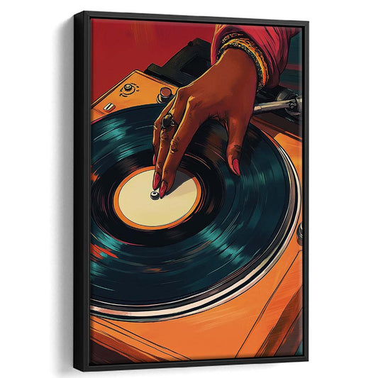 Vintage Turntable Art, Black Woman Art, African American Music Wall Art, Framed Canvas Print, Floating Frame
