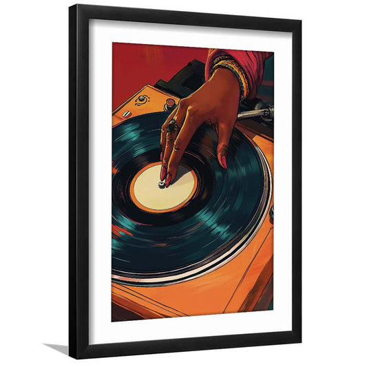 Vintage Turntable Art, Black Woman Art, African American Music Wall Art, Framed Art Print, White Border