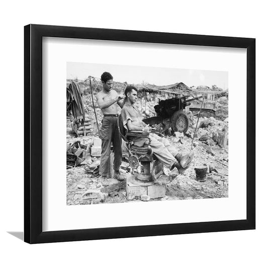Vintage Wall Art, Soldier Getting Haircut, Black and White, Barber Shop Decor, Framed Art Print White Border Wall Decor