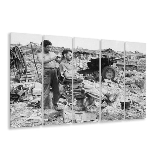 Vintage Wall Art, Soldier Getting Haircut, Black and White, Barber Shop Decor, 5 Pieces Large Canvas Print